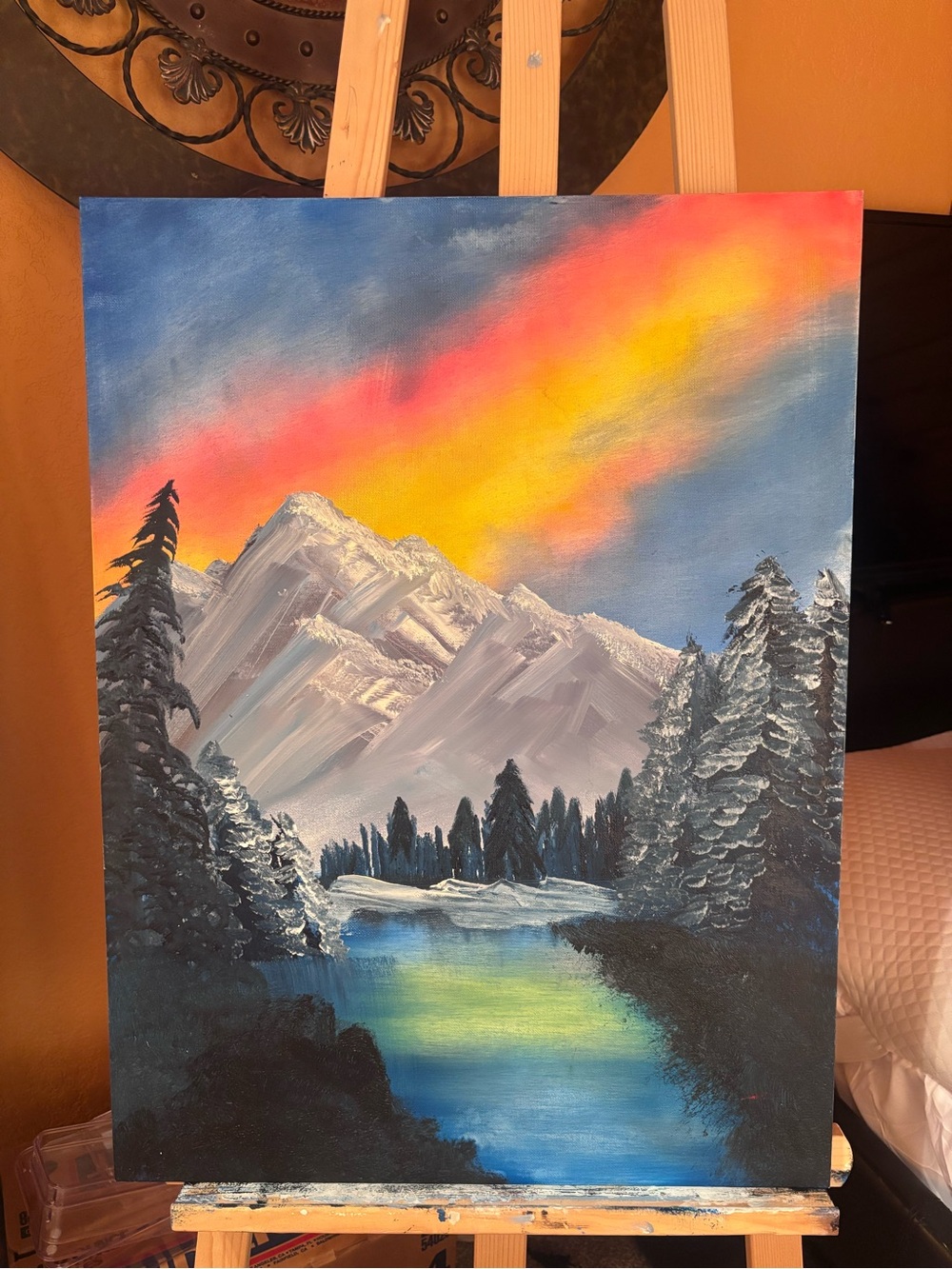 Hand-Painted Mountain Landscape | Fire Above the Forest